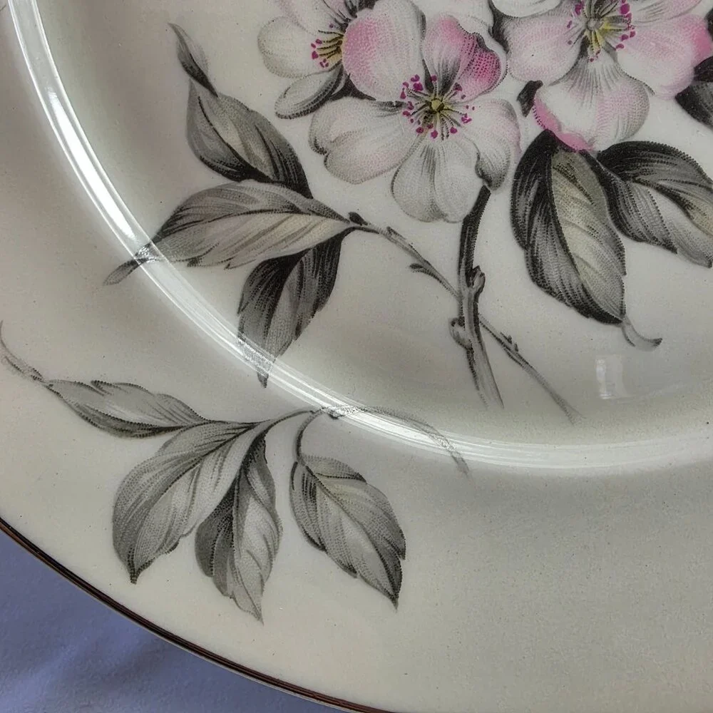 TWO Manor House Spring Glory Dinner Plates Pink & White Floral Gray Leaves